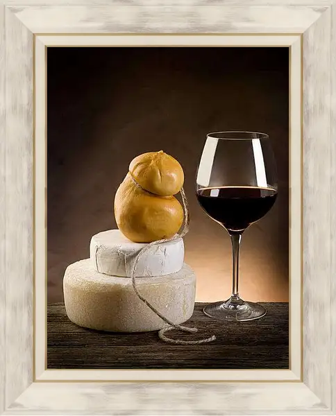 Картина в раме - Бокал вина и сыр. Вкус и аромат.