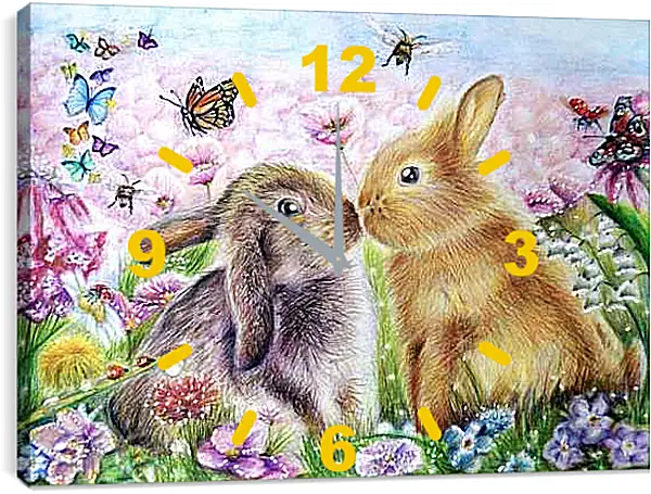 Часы картина - Пара зайчат и бабочки
