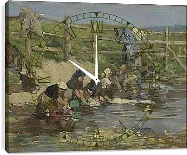 Часы картина - Laundresses by a Stream. Эжен Буден