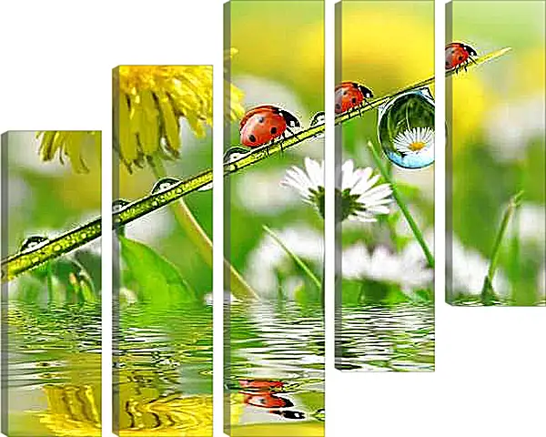 Модульная картина - Божьи коровки. Одуванчики.