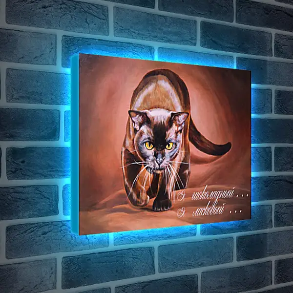 Лайтбокс световая панель - Я шоколадный, я ласковый. Живописный кот. Ручная работа. Шоколадный кот, сиамский. Монохром. Гризайль.