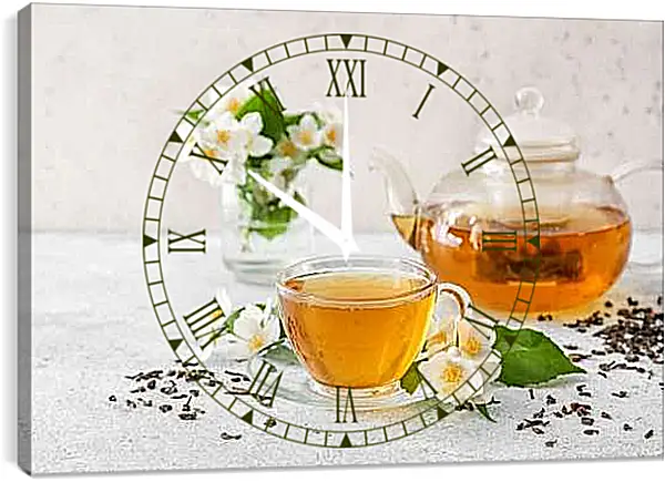 Часы картина - Чашечка чая на блюдце и чайничек. Жасминовое утро.