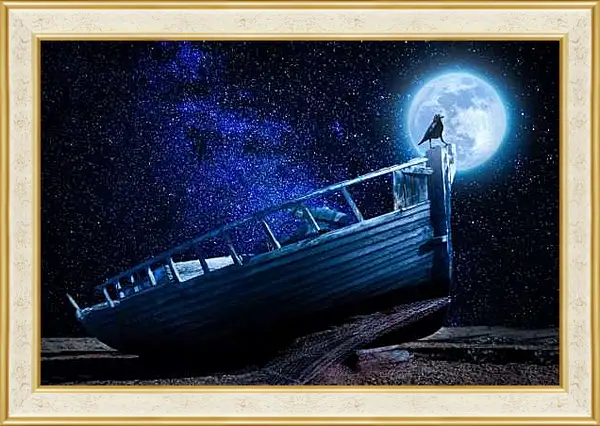 Картина в раме - Чёрный ворон на фоне Луны