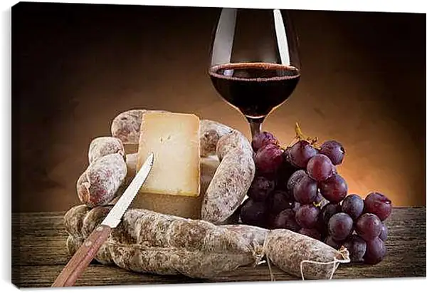 Постер на подрамнике - Сыр, виноград и бокал вина. Итальянская Трапеза.