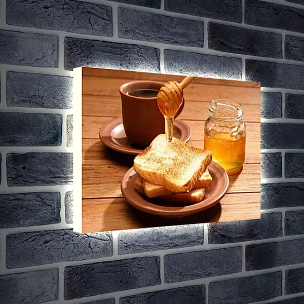 Лайтбокс световая панель - Чашечка кофе с мёдом и хрустящим хлебом. Утреннее наслаждение.