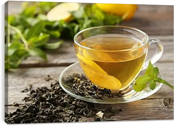 Постер на подрамнике - Чашка чая с лимоном на блюдце. Чай с Лимоном.