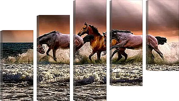 Модульная картина - Купание лошадей