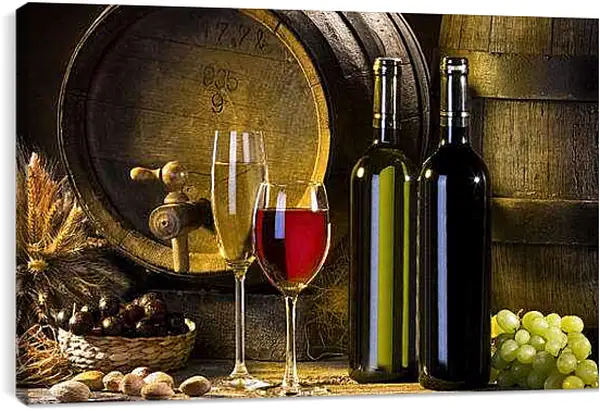 Постер на подрамнике - Бочка, две бутылки, два бокала и виноград. Винный натюрморт.