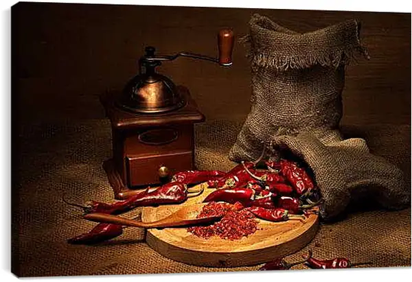 Постер на подрамнике - Острый перец и два мешка. Острый натюрморт.