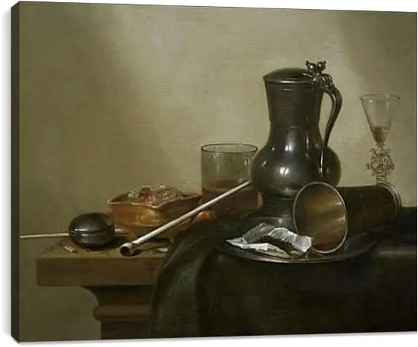 Постер на подрамнике - Still Life with Tobacco, Wine and a Pocket Watch. Натюрморт с вином, табаком и карманными часами. Виллем Клас Хеда