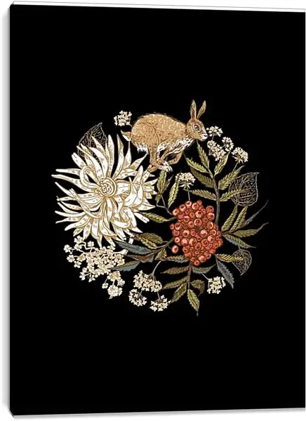 Постер на подрамнике - Винтажная графика. Заяц и ягоды рябины