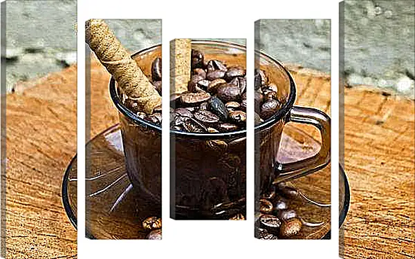 Модульная картина - Зёрна кофе в чашке на блюдце и сладкие палочки. Ароматное начало.