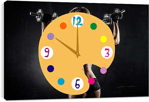 Часы картина - Блондинка стоит спиной и работает с гантелями
