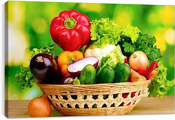 Постер на подрамнике - Плетёная корзинка овощей. Щедрый урожай.