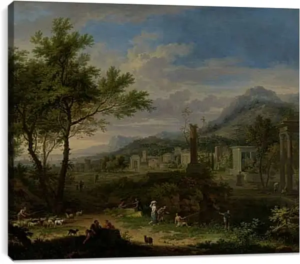 Постер на подрамнике - Пасторальный пейзаж и рыбаки. Ян ван Хёйсум