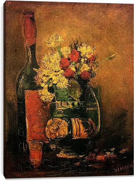 Постер на подрамнике - Vase with Carnations and Roses and a Bottle. Винсент Ван Гог