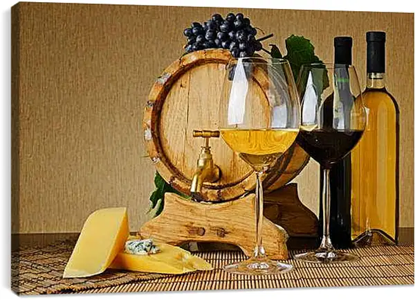Постер на подрамнике - Белое и красное. Вино и сыр.