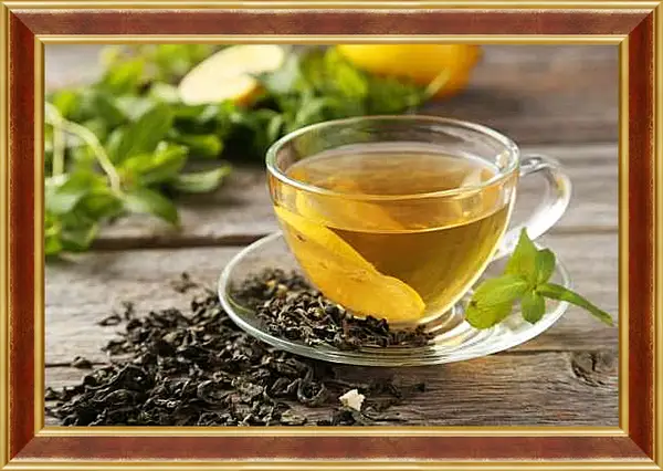 Картина в раме - Чашка чая с лимоном на блюдце. Чай с Лимоном.