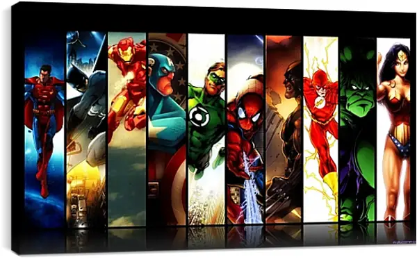 Постер на подрамнике - Иллюстрация супергероев DC. Комиксы Marvel. Коллаж Постер на подрамнике - Иллюстрация супергероев DC. Комиксы Marvel. Коллаж
