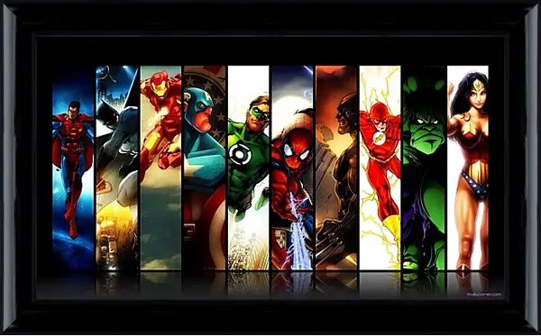 Картина в раме - Иллюстрация супергероев DC. Комиксы Marvel. Коллаж Картина в раме - Иллюстрация супергероев DC. Комиксы Marvel. Коллаж