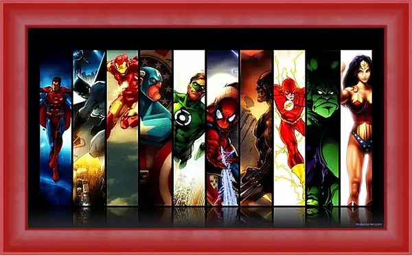 Картина в раме - Иллюстрация супергероев DC. Комиксы Marvel. Коллаж Картина в раме - Иллюстрация супергероев DC. Комиксы Marvel. Коллаж