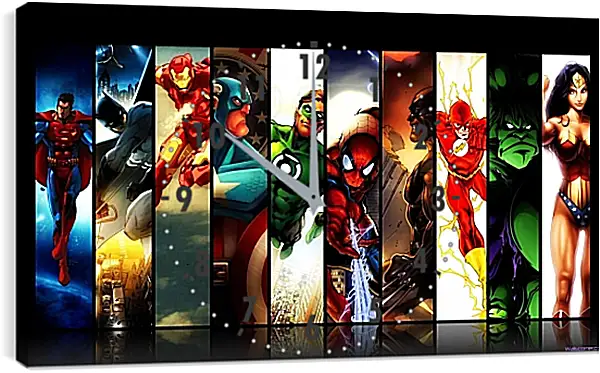 Часы картина - Иллюстрация супергероев DC. Комиксы Marvel. Коллаж Часы картина - Иллюстрация супергероев DC. Комиксы Marvel. Коллаж