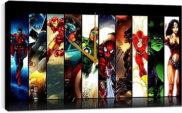 Часы картина - Иллюстрация супергероев DC. Комиксы Marvel. Коллаж Часы картина - Иллюстрация супергероев DC. Комиксы Marvel. Коллаж