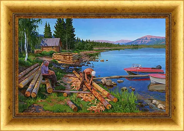 Картина в раме - Баню рубят Картина в раме - Баню рубят