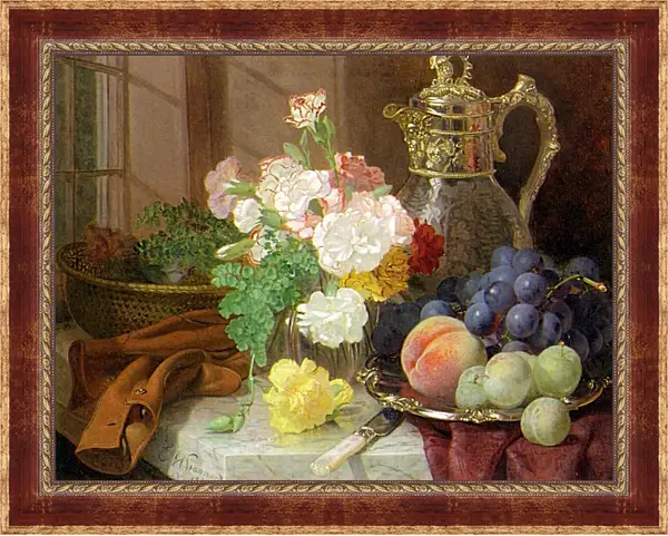Картина в раме - Carnations in a glass vase on a draped marble ledge. Стэннард Элоиза Гарриет Картина в раме - Carnations in a glass vase on a draped marble ledge. Стэннард Элоиза Гарриет
