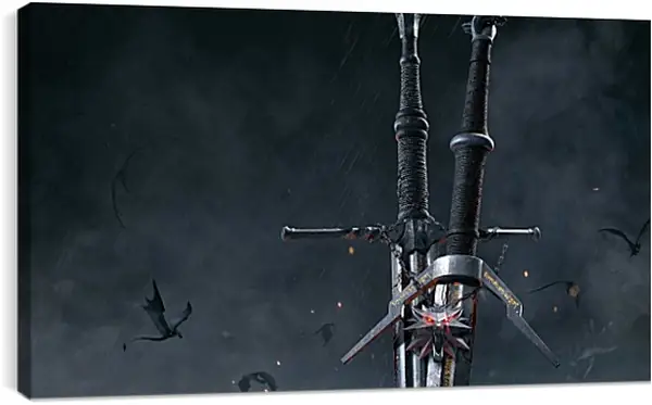 Постер на подрамнике - The Witcher (Ведьмак), стальной и серебряный мечи Геральта Постер на подрамнике - The Witcher (Ведьмак), стальной и серебряный мечи Геральта