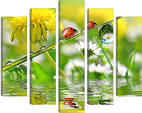 Модульная картина - Божьи коровки. Одуванчики. Модульная картина - Божьи коровки. Одуванчики.