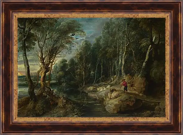 Картина в раме - A Shepherd with his Flock in a Woody Landscape Картина в раме - A Shepherd with his Flock in a Woody Landscape