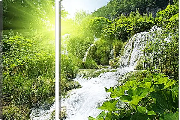 Модульная картина - Водопад в лесу под солнцем Модульная картина - Водопад в лесу под солнцем