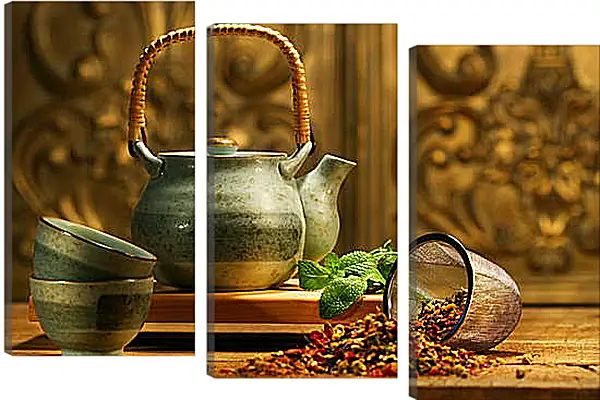 Модульная картина - Чайник с чашками Модульная картина - Чайник с чашками