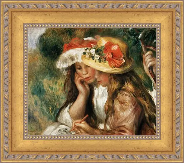 Картина в раме - Two girls reading in a garden. Пьер Огюст Ренуар Картина в раме - Two girls reading in a garden. Пьер Огюст Ренуар