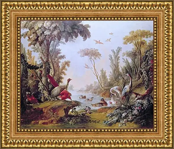 Картина в раме - Lake with geese, storks, parrots and herons from the Salon of Gilles Demarteau. Франсуа Буше Картина в раме - Lake with geese, storks, parrots and herons from the Salon of Gilles Demarteau. Франсуа Буше