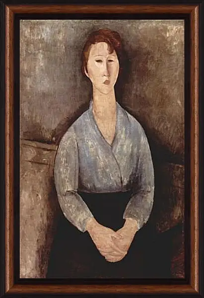 Картина в раме - Sitzende Frau mit blauer Bluse. Амедео Модильяни Картина в раме - Sitzende Frau mit blauer Bluse. Амедео Модильяни
