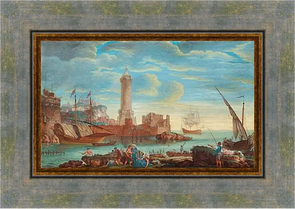 Картина в раме - Sydlandsk hamnbild med figurer och batar. Клод Жозеф Верне Картина в раме - Sydlandsk hamnbild med figurer och batar. Клод Жозеф Верне