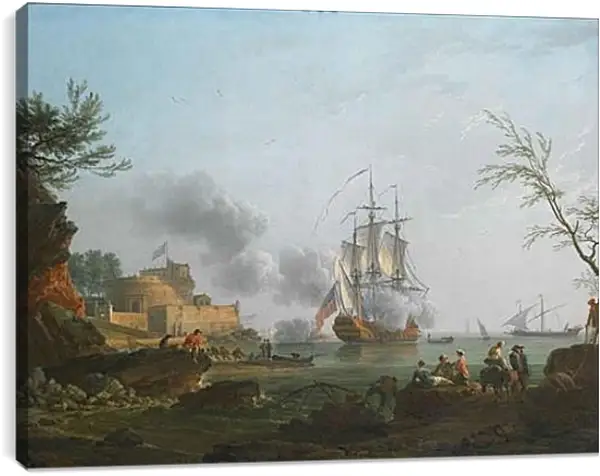 Постер на подрамнике - The entrance to a harbor with a ship firing a salute. Клод Жозеф Верне Постер на подрамнике - The entrance to a harbor with a ship firing a salute. Клод Жозеф Верне