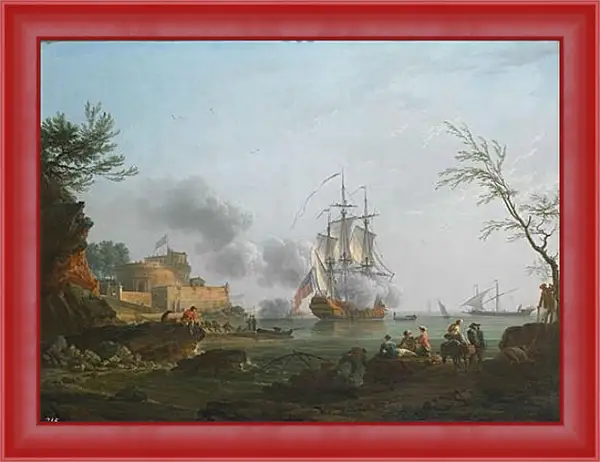Картина в раме - The entrance to a harbor with a ship firing a salute. Клод Жозеф Верне Картина в раме - The entrance to a harbor with a ship firing a salute. Клод Жозеф Верне