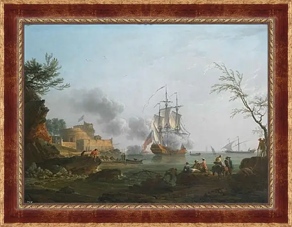 Картина в раме - The entrance to a harbor with a ship firing a salute. Клод Жозеф Верне Картина в раме - The entrance to a harbor with a ship firing a salute. Клод Жозеф Верне