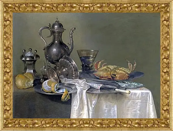 Картина в раме - Натюрморт с оловянным и серебрянным сосудами и крабом. Виллем Клас Хеда Картина в раме - Натюрморт с оловянным и серебрянным сосудами и крабом. Виллем Клас Хеда