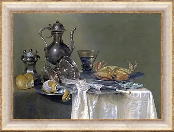 Картина в раме - Натюрморт с оловянным и серебрянным сосудами и крабом. Виллем Клас Хеда Картина в раме - Натюрморт с оловянным и серебрянным сосудами и крабом. Виллем Клас Хеда