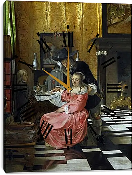 Часы картина - An Interior, with a Woman refusing a Glass of Wine. Ян (Йоханнес) Вермеер Часы картина - An Interior, with a Woman refusing a Glass of Wine. Ян (Йоханнес) Вермеер