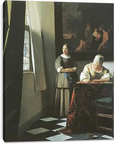Постер на подрамнике - Lady writing a letter with her maid. Ян (Йоханнес) Вермеер Постер на подрамнике - Lady writing a letter with her maid. Ян (Йоханнес) Вермеер