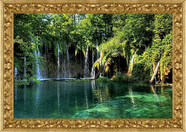 Картина в раме - Водопады и зеленое озеро Картина в раме - Водопады и зеленое озеро