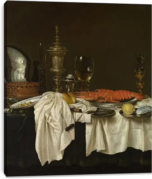 Постер на подрамнике - Still Life with a Lobster. Завтрак с раком. Виллем Клас Хеда Постер на подрамнике - Still Life with a Lobster. Завтрак с раком. Виллем Клас Хеда