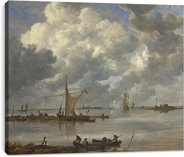 Постер на подрамнике - An Estuary with Fishing Boats and Two Frigates. Ян ван Гойен Постер на подрамнике - An Estuary with Fishing Boats and Two Frigates. Ян ван Гойен