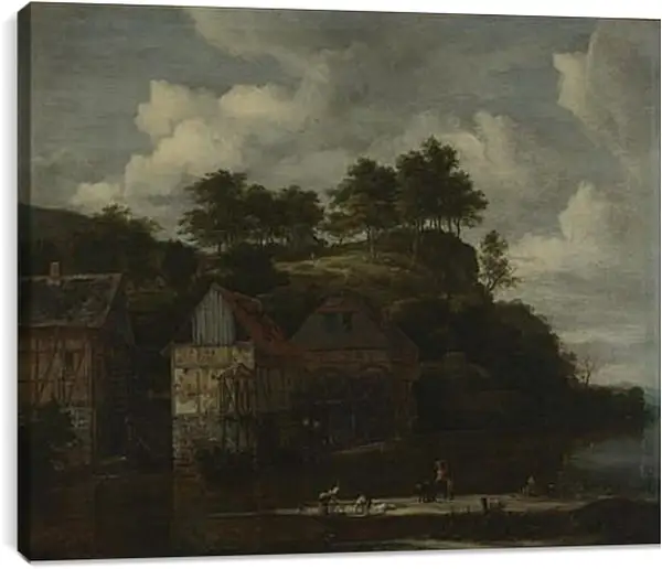 Постер на подрамнике - Three Watermills with Washerwomen. Якоб ван Рейсдал Постер на подрамнике - Three Watermills with Washerwomen. Якоб ван Рейсдал