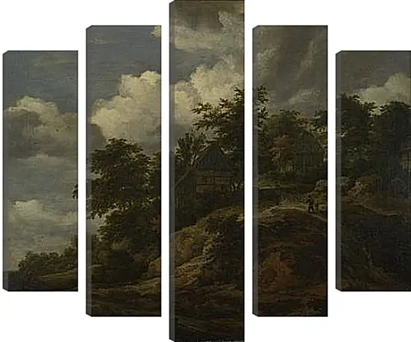 Модульная картина - A Rocky Hill with Three Cottages, a Stream at its Foot. Якоб ван Рейсдал Модульная картина - A Rocky Hill with Three Cottages, a Stream at its Foot. Якоб ван Рейсдал